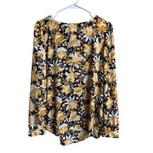 LOFT Floral Blouse Womens M Black Mustard Long Sleeve Office Top